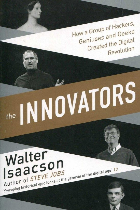 Boekomslag 'The Innovators' van Walter Isaacson, met portretten van Steve Jobs, Bill Gates en Alan Turing.