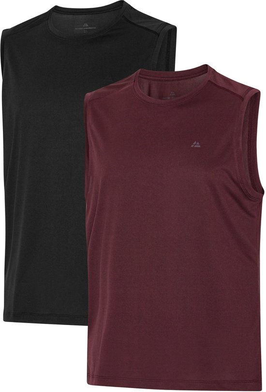 Twee mouwloze sporttops, één zwart en één bordeauxrood, met ronde hals, op witte achtergrond.