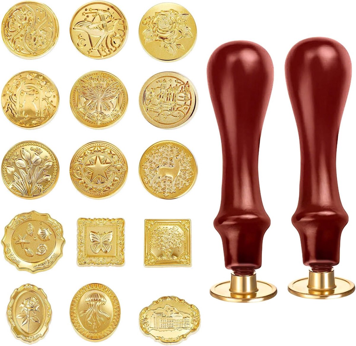 Zegelwas Stempel Set, 15 Stuks Metalen Briefzegel Stempelkoppen, Zegelwas Stempel Set met 2 Plastic Handvatten voor het Verpakken van Cadeaus