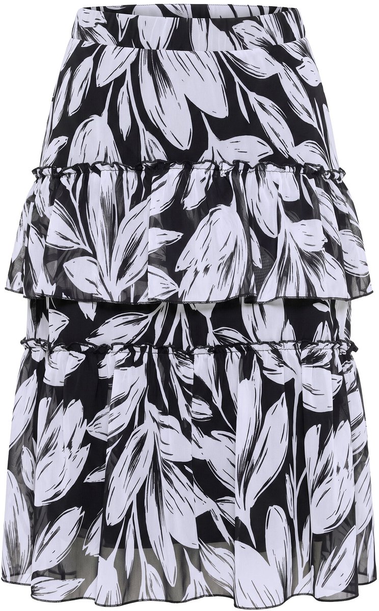 MIAMODA - Dames - Midi-rok A-lijn chiffon bloemenpatroon glitterstrepen - Zwart - Maat 54