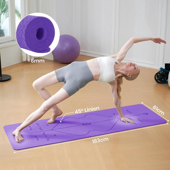 Yogamat met lijnen - Sportmat Fitnessmat - Thuis Sporten - Milieuvriendelijk TPE - 183x61x06cm - lila van Yogamat — afbeelding 2