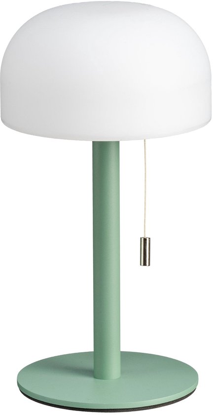 Lampe de table à variateur avec abat-jour blanc laiteux et base vert menthe, isolée sur fond blanc.