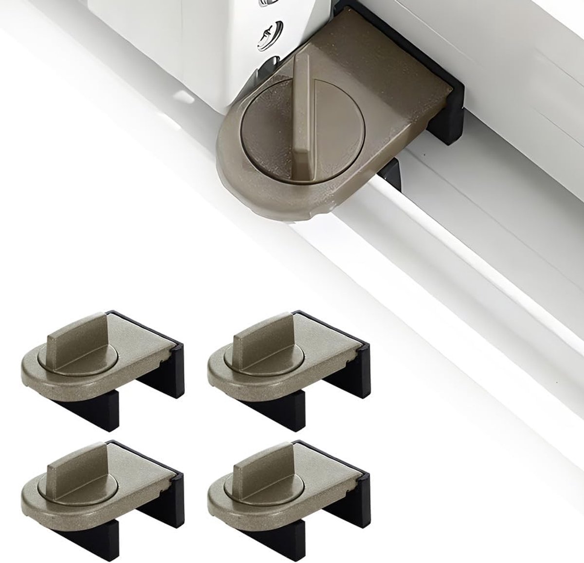Ulisem - Schuifraam veiligheidsslot - 4 stuks ijzeren raamvergrendeling met antislip rubberen pad - Klembevestiging - Verstelbare klembreedte 16-30 mm - Past op 25-39 mm spleetafstand - Geschikt voor schuifraam en schuifdeur - Bruin