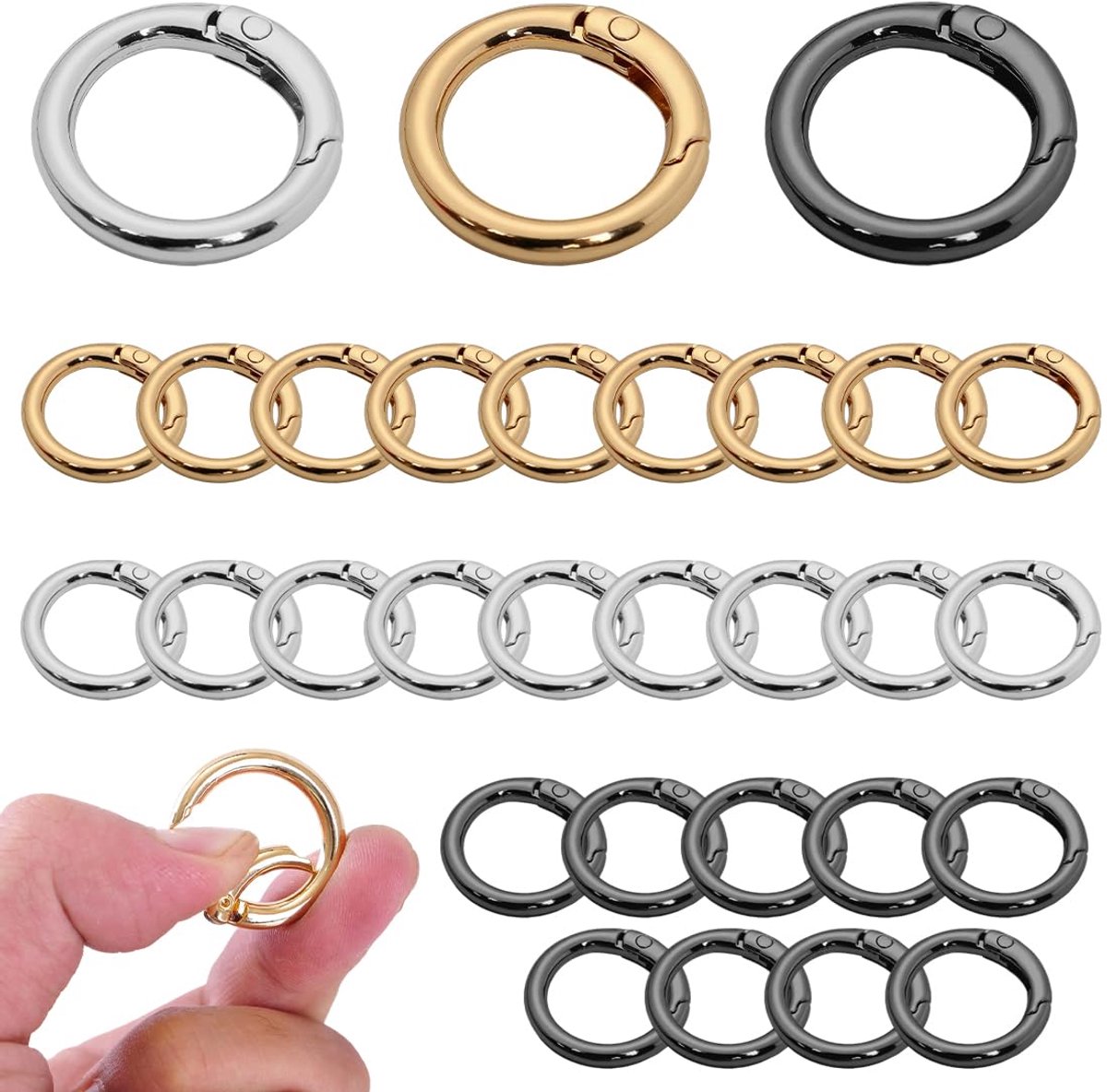 30 stuks ronde veerclips, 25 mm, Ø 17 mm, accessoires voor handtassen, haaknaalden, karabijnhaken of sleutelhangers voor rugzakken, portemonnees, bagageriemen, handwerk (zilver, goud, zwart)