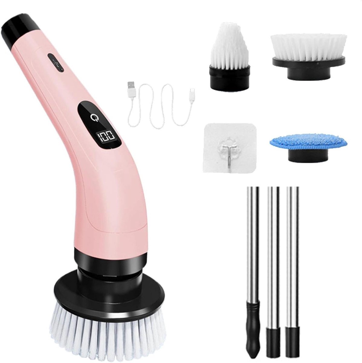 Elektrische Schrobber - Draadloze Reiniger - Badkamer Schoonmaken - 360 Graden Rotatie - 345 cm Lengte - Roze