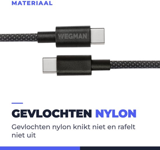 Gedetailleerd beeld van de zwarte gevlochten nylon USB-C kabel.