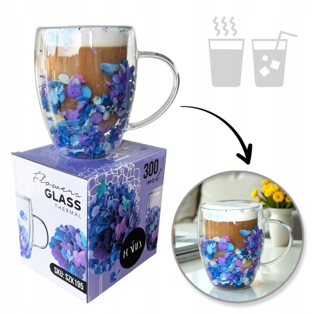 Glazen Thee- en Koffiebeker met Hortensia's 300ml