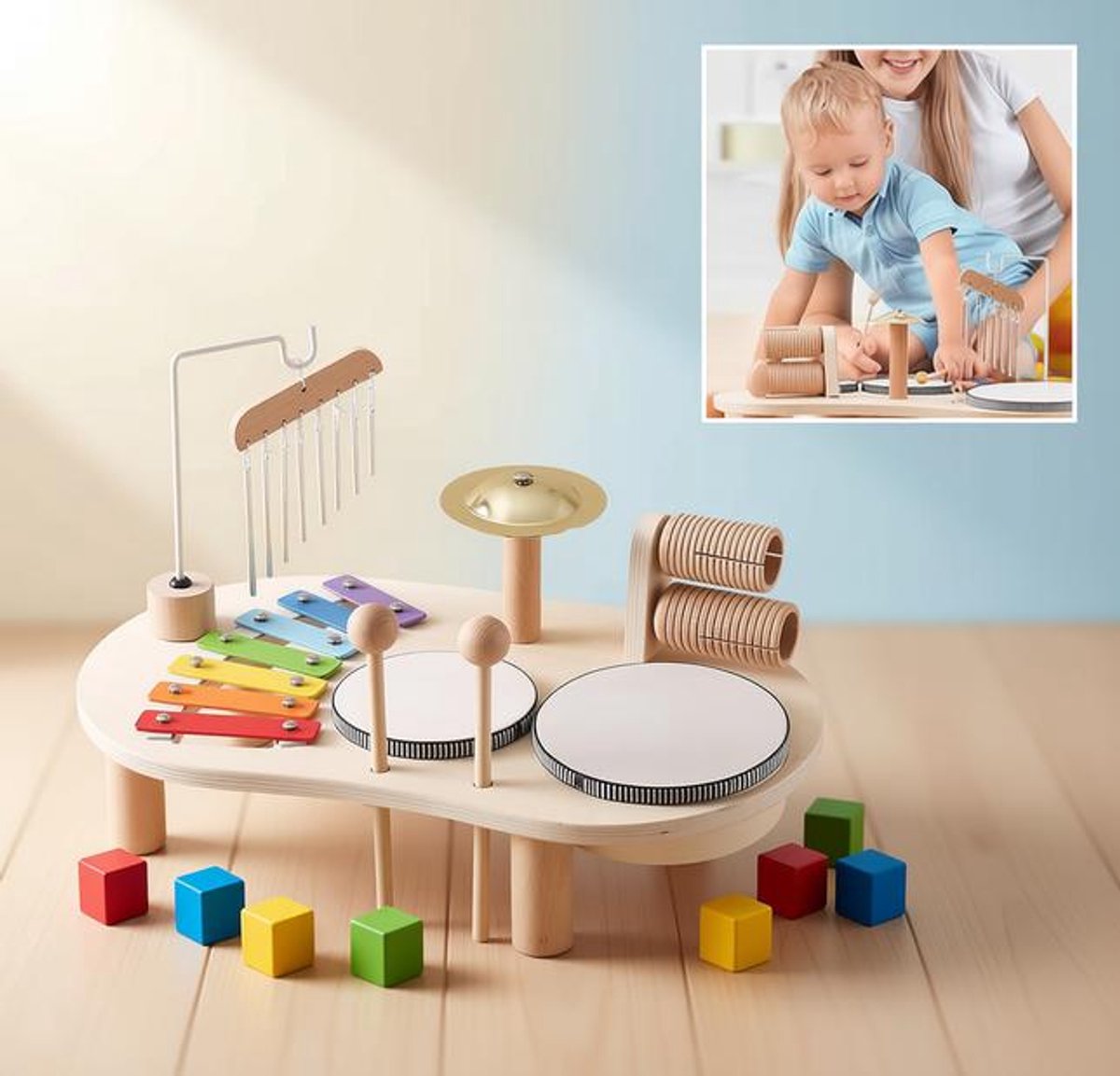 Houten Muziekspeelgoed 7-in-1 Baby Drumstel met Xylofoon, Bekken, Trommels en Percussie voor Peuters