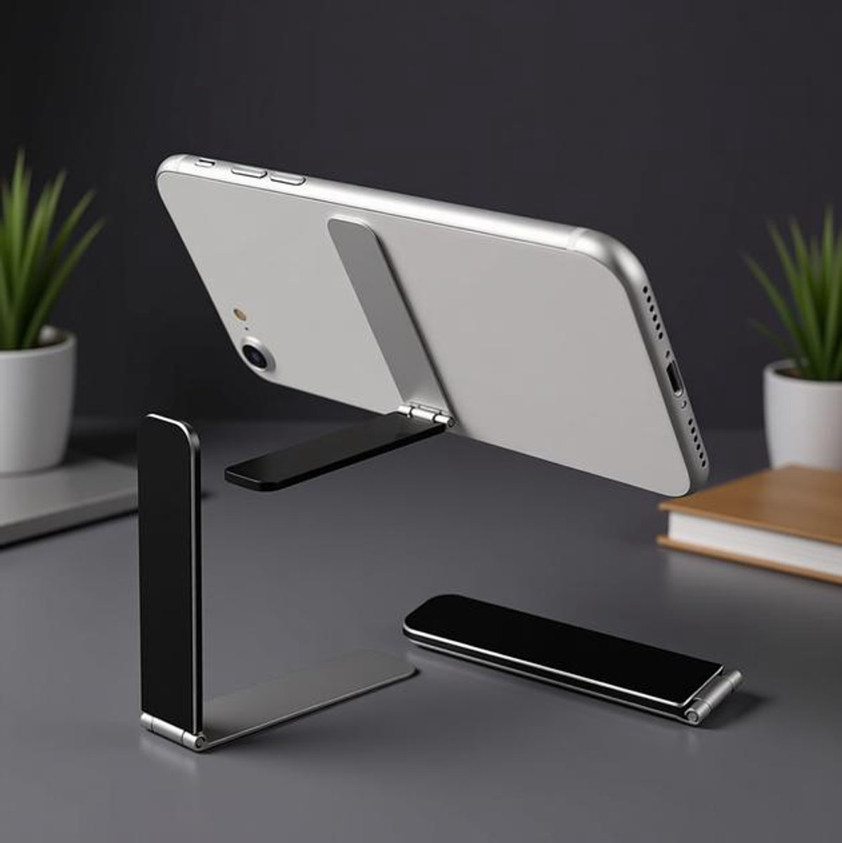 Huis Geluk Ultradunne mobiele telefoonhouder, verstelbare mini-legering standaard, draagbare opvouwbare standaard voor mobiele telefoon tablet (zwart)