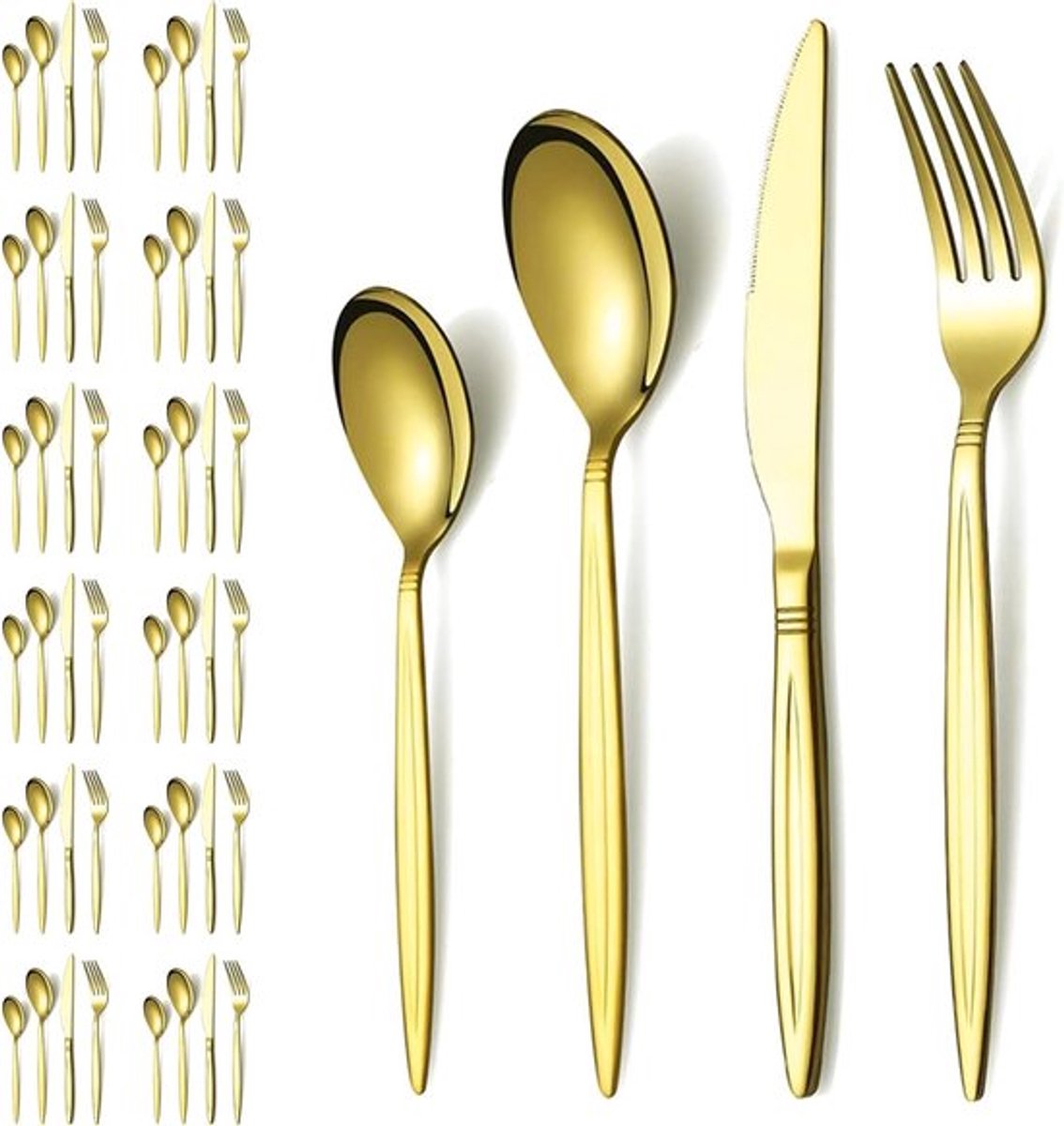Gouden Bestekset van 48 Stukken voor 12 Personen, Roestvrijstalen Bestek, Ideaal voor Bruiloften, Feesten en Verjaardagen, Vaatwasserbestendig