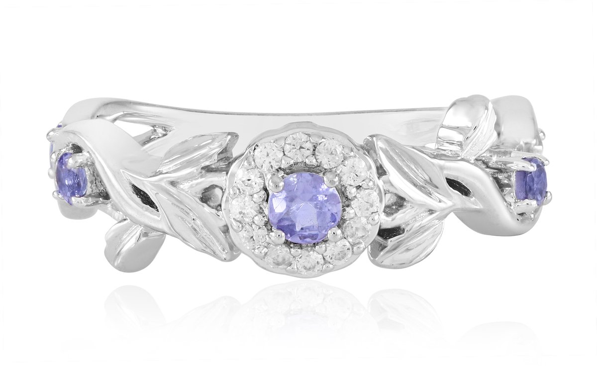 Cavill - Elegante Damesring 925 Sterling Zilver Platina Gecoat - Rondgeslepen Tanzaniet 0,417 ct & Zirkonen 0,129 ct - Bloemenmotief Blauw