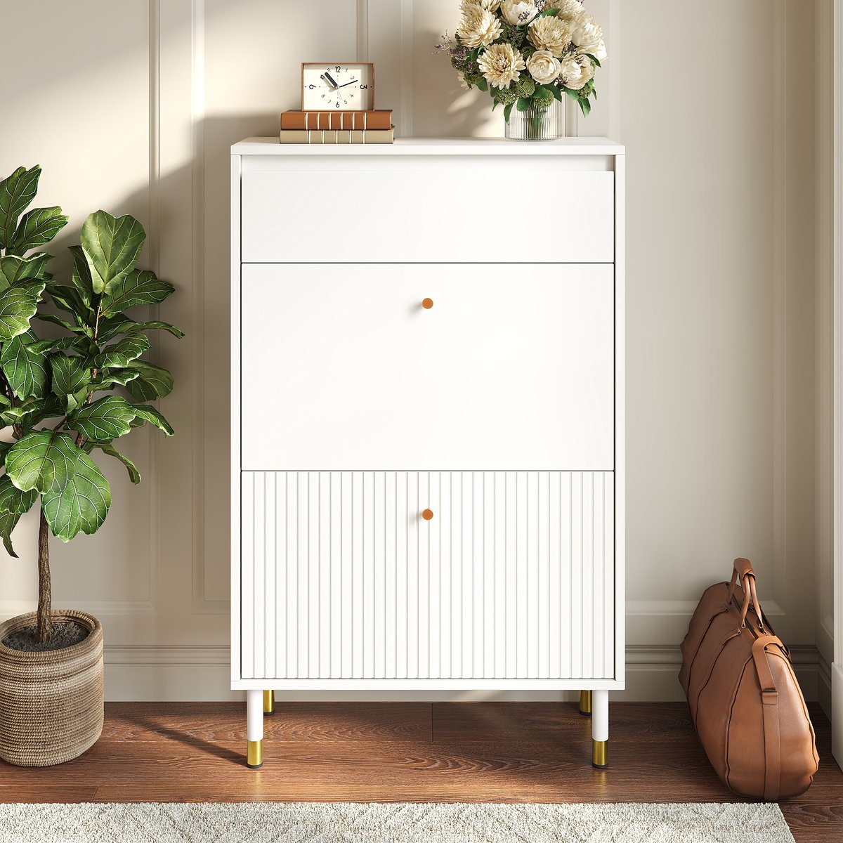 VVBV Schoenenkast - 65 x 24 x 104 cm, Wit, Klapvakken, 1 Lade, Geribbelde Fronten, voor Hal en Entree