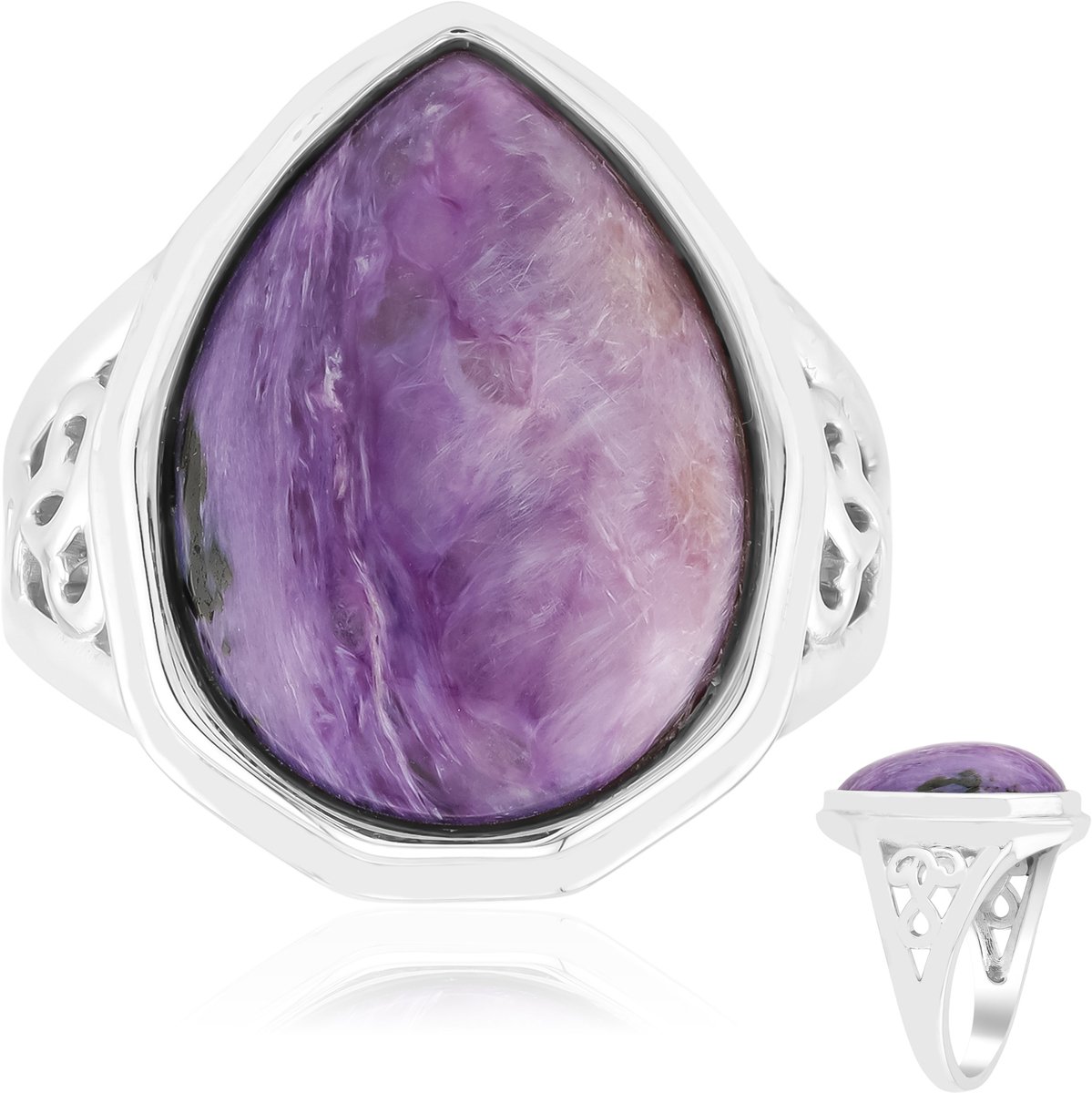 Cavill - Charoiet Ring Peervormige Cabochon 7,013 Karaat - Gerhodineerd 925 Sterling Zilver - Elegante Paarse Edelstenen Ring - Russische Charoite