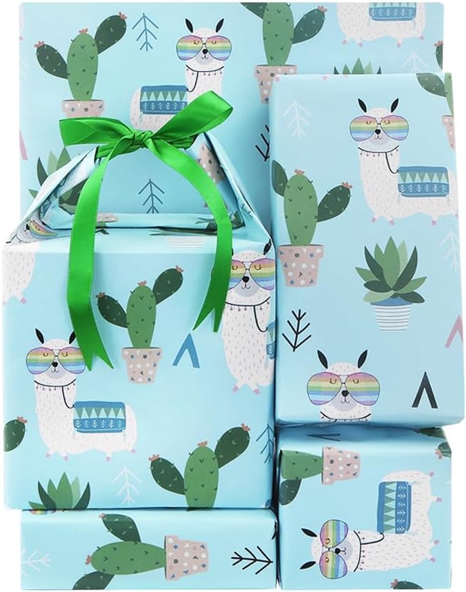 Cactus en Alpaca inpakpapier, schattige lama in glazen groene cactus patroon geschenkpapier met lint voor kinderen vrouwen mannen, verjaardag babyshower Kerstmis en vakantie feest gevouwen platte
