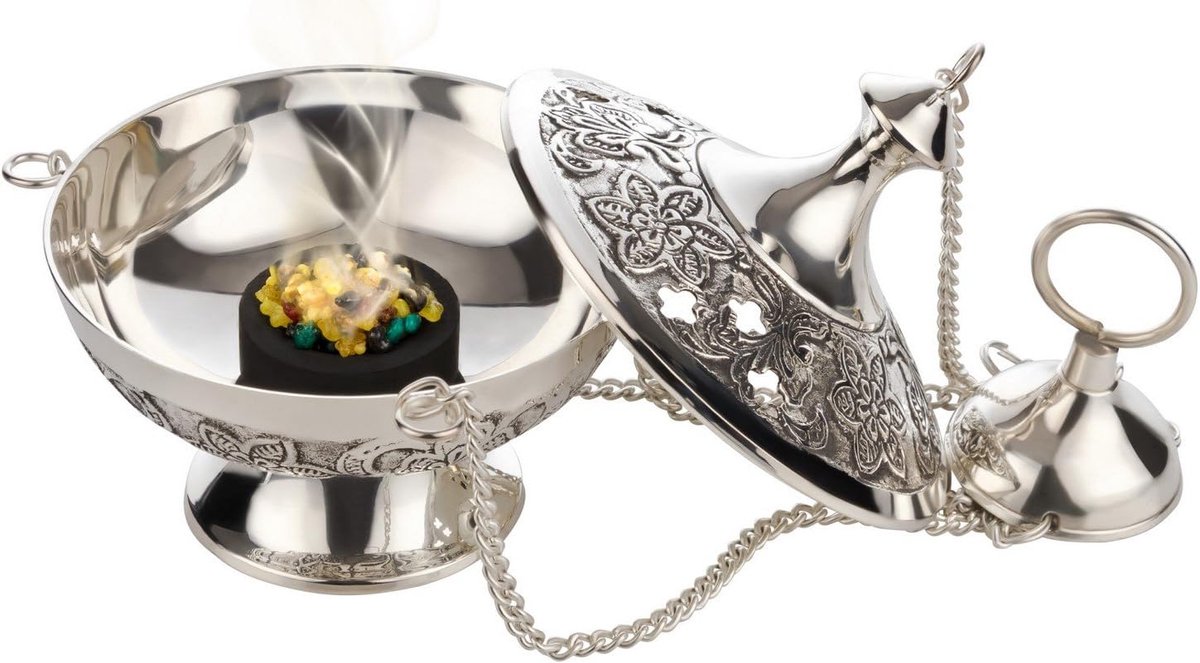 Wierookgeschenkset, inclusief wierookvat [verzilverd messing, hoogte ca. 10 cm, ketting ca. 25 cm] met wierook en kolen