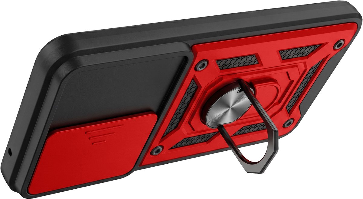 Mayaxess, Hoesje met Ring Geschikt voor Samsung Galaxy S20 FE Schuifbare Cameraschuif en Magneet, Rood / Zwart