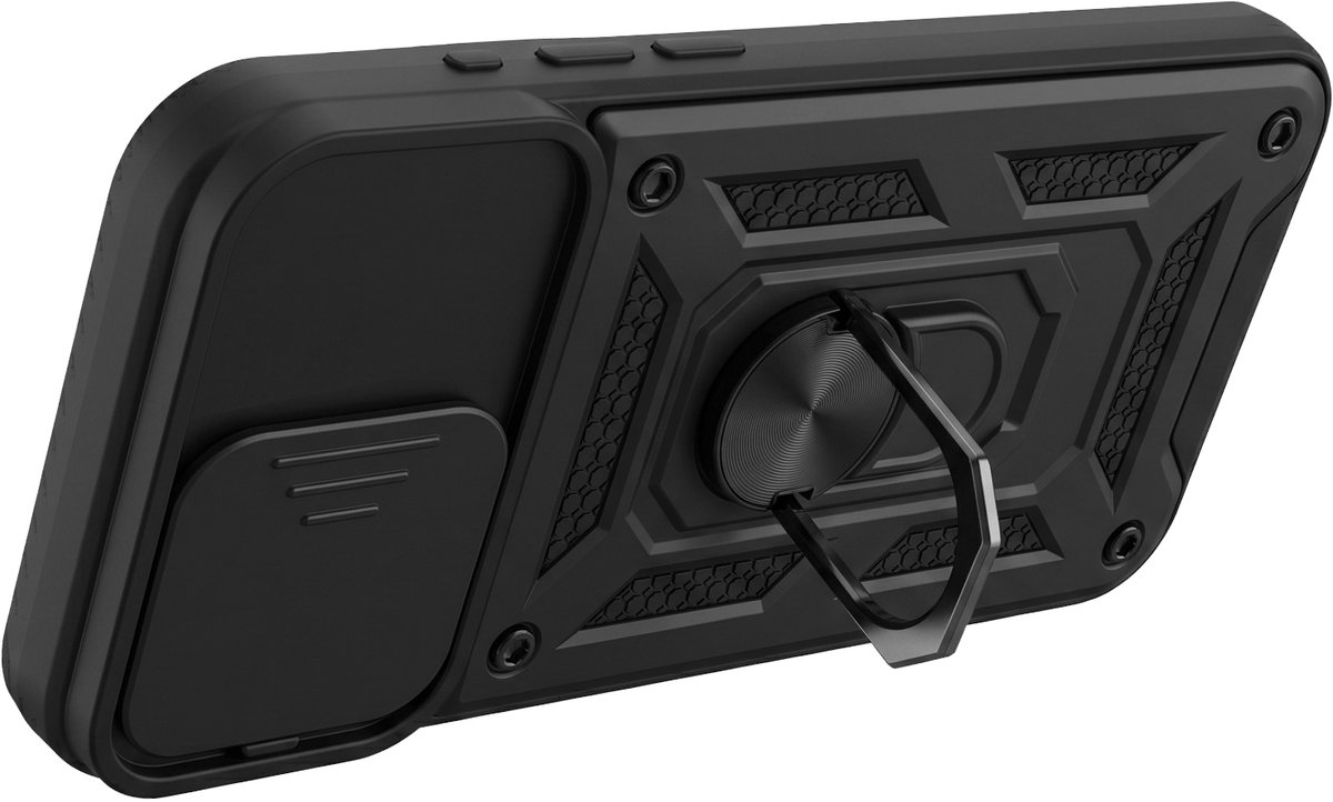 Mayaxess, Hoesje Geschikt voor Apple iPhone 15 Pro Max met Schuifbare Cameraprotectie en Magnetische Ring, Zwart
