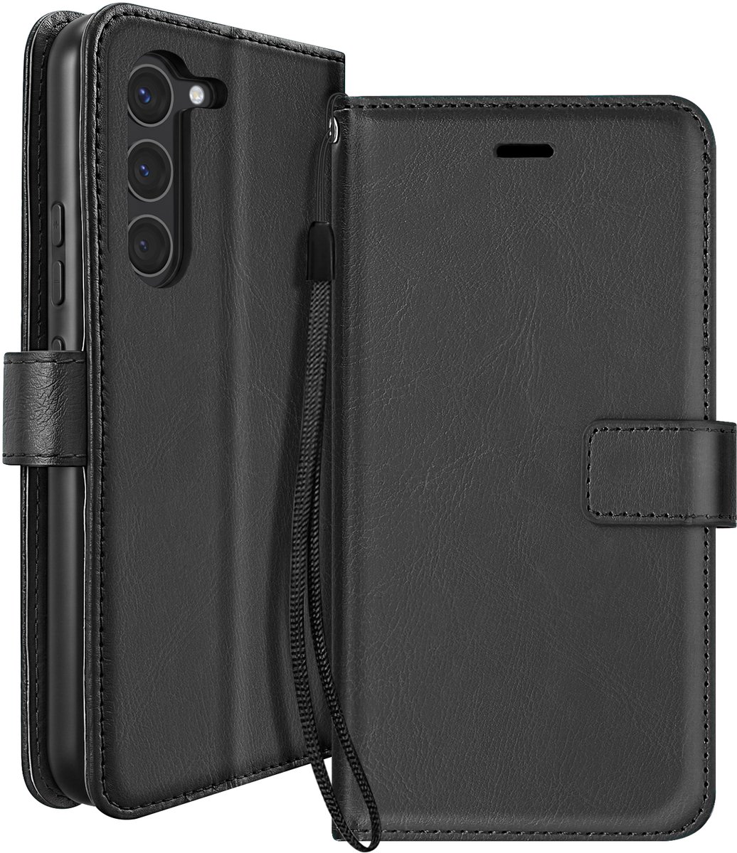 Mayaxess, Portemonnee Hoesje Geschikt voor Samsung Galaxy S23 met Polsbandje en Standaard, Zwart