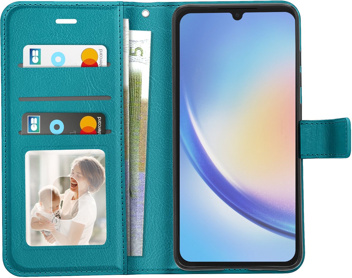 Mayaxess, Portemonnee Etui Geschikt voor Samsung Galaxy A34 5G met Standaard en Polsbandje, Turquoise