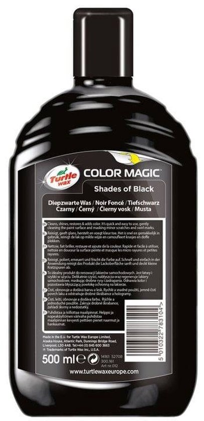 Achterkant van zwarte fles Turtle Wax Color Magic Jet Black Wax, 500 ml. Met meertalige productinformatie.