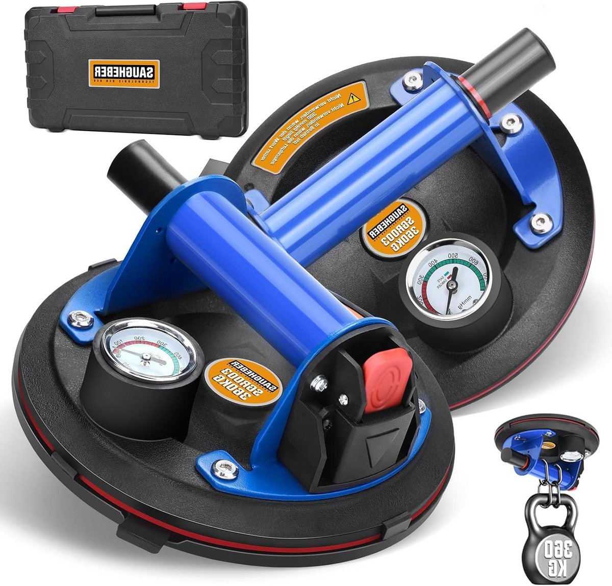 Suction Lifters - Glass Lifter Set - Zware Objecten Verplaatsen - Met Barometer - 20 cm Diameter - Zwart