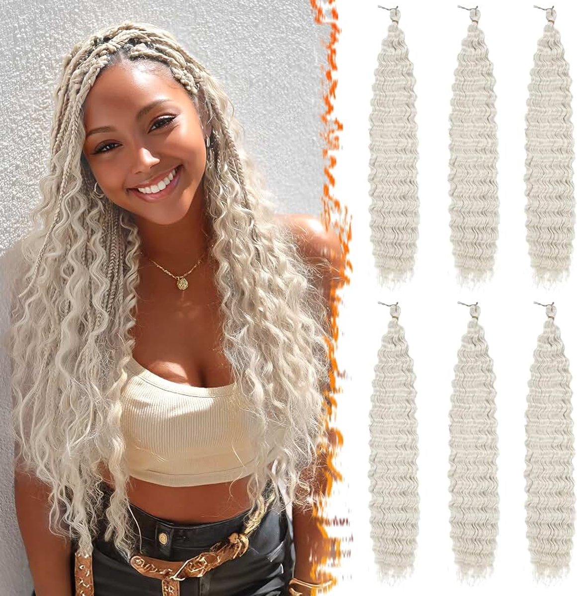 Crochet Braiding Hair, 55cm 6 Packs Diepe Ocean Wave Gehaakte Haar Voor Vrouwen Synthetische Bohemian Vlechten Haar Lang Hawaii Krullend Golvend GoGo Curl Crochet Braiding Extensions - Zwart