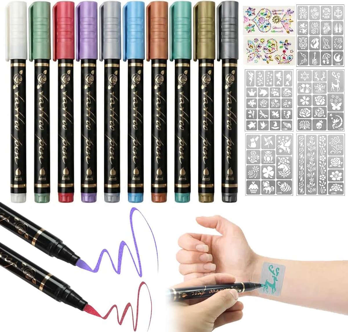 10 kleuren met 5 tattoo-sjablonen en 2 diamantstickers, tijdelijke tattoo-stiften, waterdicht, niet giftig, huidvriendelijk, voor verjaardagen, feesten, Halloween, carnaval