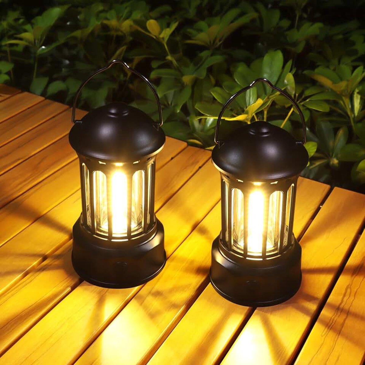Led-campinglamp, draagbaar, 2 stuks, werkt op batterijen, retro campinglantaarn, IPX4 waterdicht, dimbaar, voor camping, tuin, wandelen, noodgevallen
