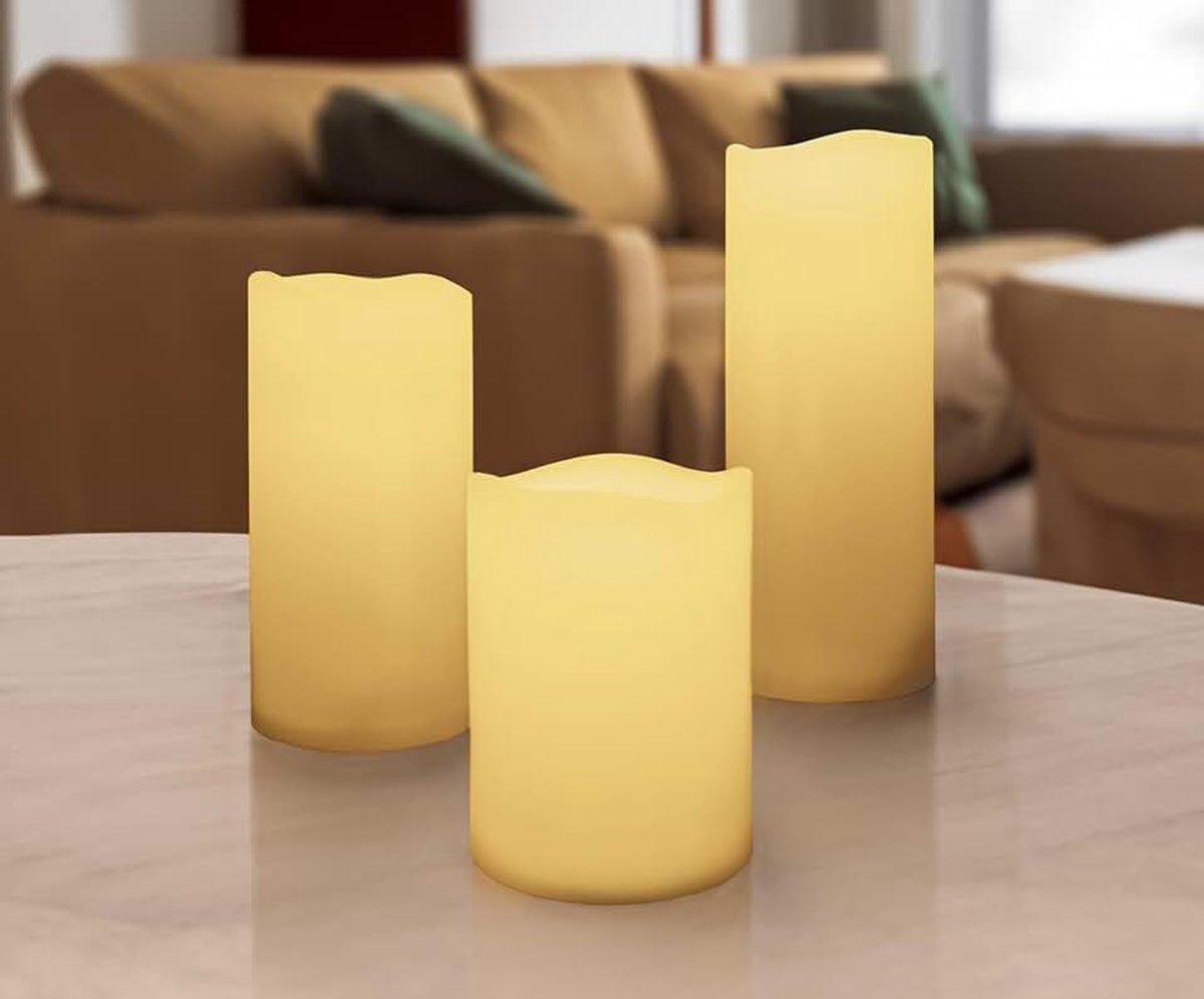 LED stompkaars set van 3 warm wit met timer, 20cm, 15cm, 10cm | vlameffect, werkt op batterijen, voor binnen en buiten, vlamloos