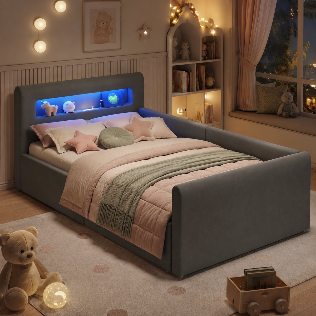 Kinderbed 90x200 cm - Eenpersoonsbed - Opbergbed - Multifunctioneel bed - Met hydraulische functie - Met hoofdbord - Met nachtlampje - Met opbergvak - Met USB-oplaadpoort - Veilig en comfortabel - Donkergrijs