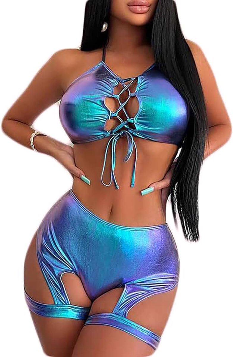 2-delig badpak metallic rave outfits halter sexy tops shorts kousenband lingerie set strand glanzende bikiniset