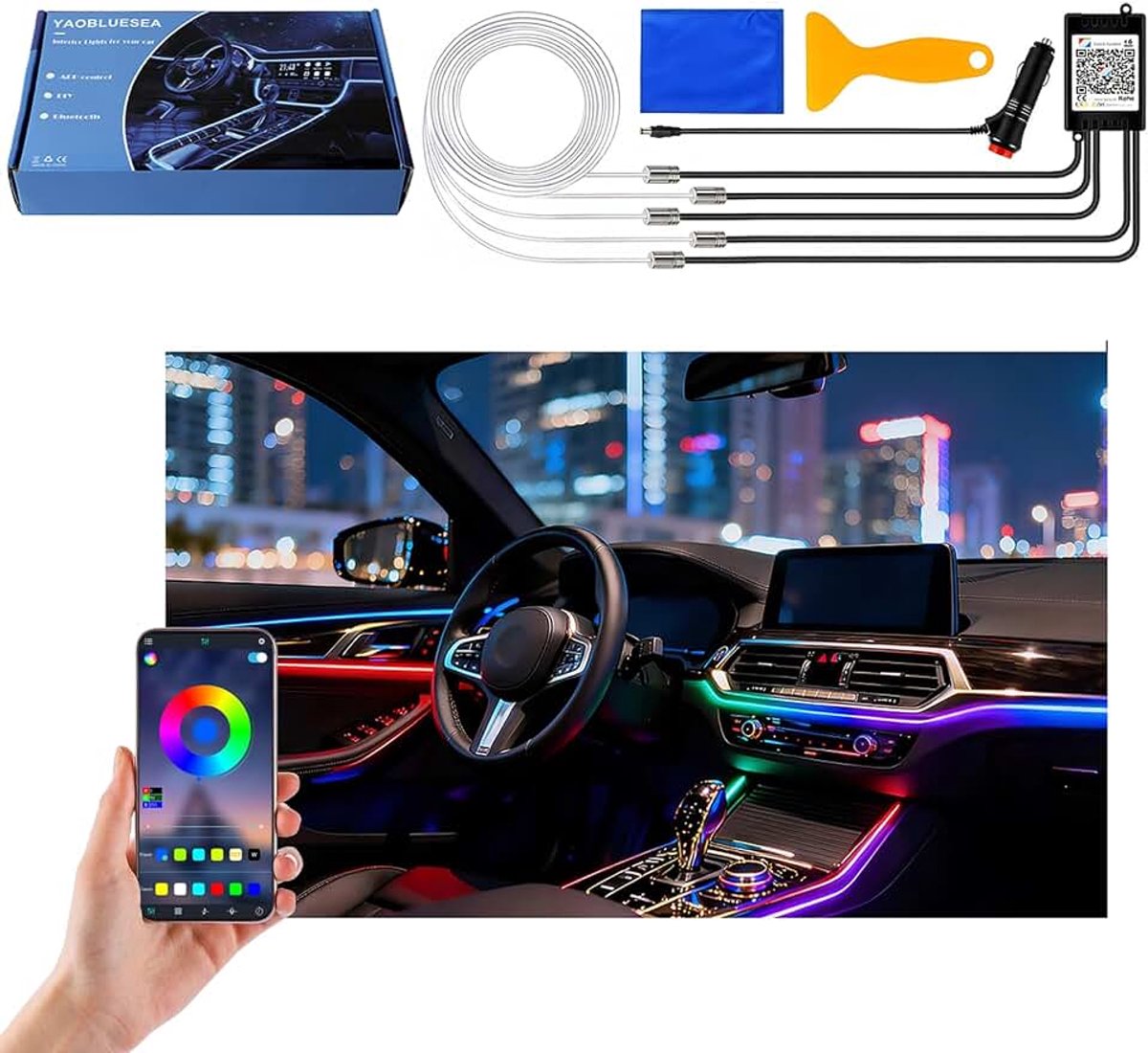 Interieurverlichting 6m LED 5050 RGB Sfeerverlichting, Neonlichtstrip, Waterdicht Muziek-Omgevingsverlichting Kit voor Auto met App (1v5)