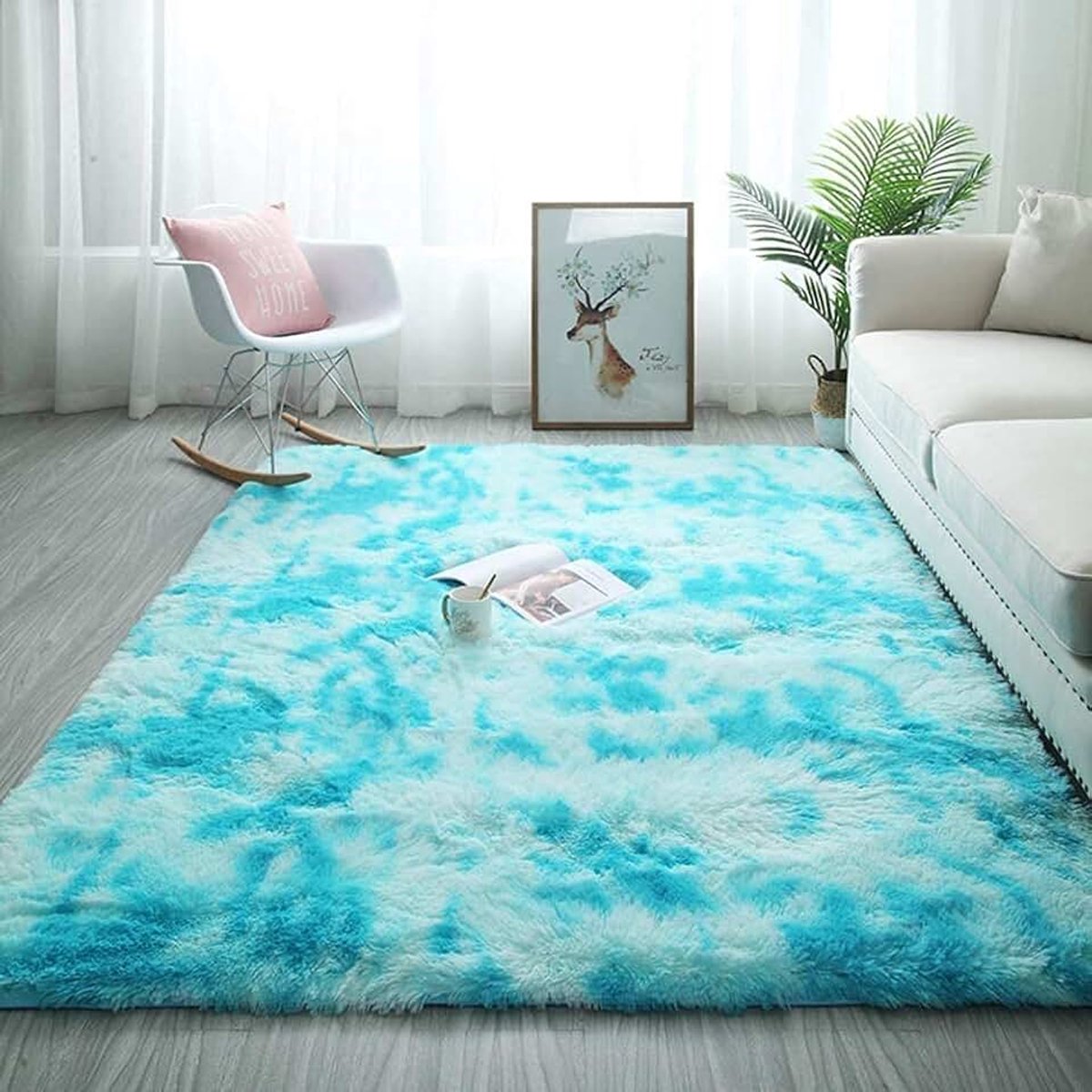 Pluizige Rechthoekige Tapijt Antislip Wasbaar Home Decor Zachte Kinderkamer Vloermat Gang Slaapkamer Blauw En Wit,200CM*300CM