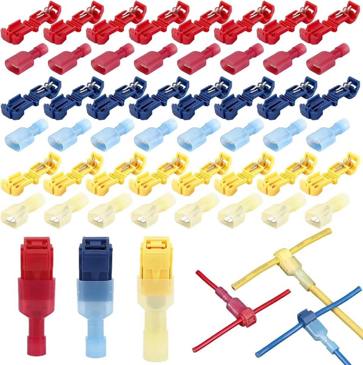 270 stuks, 135 T-tap kabelverbinders + 135 platte stekkers, snelverbinders, geïsoleerde snelverbinders, stroomdief, auto 10-22 AWG voor snelle verbindingskabel (rood