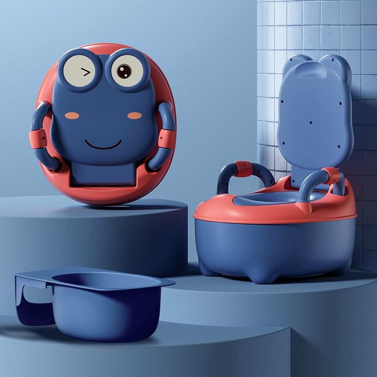 Kinderpotje, babytoiletzitting, toilettrainer met handgrepen voor peuters, zacht PU-kussen, babypotje, anti-spatbescherming, cartoon deksel (blauw)