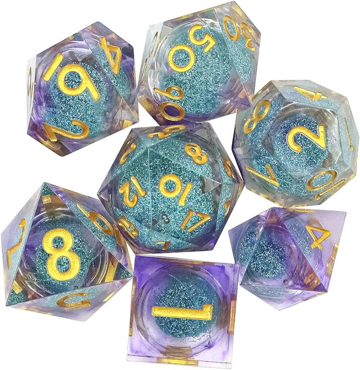 7-teiliges Würfelset mit Flüssigkern und Kunstharz, scharfe Kanten, polyedrische DND-Würfel für Kerkers en Draken, RPG, MTG-Tischspiele (Blau/Lila)