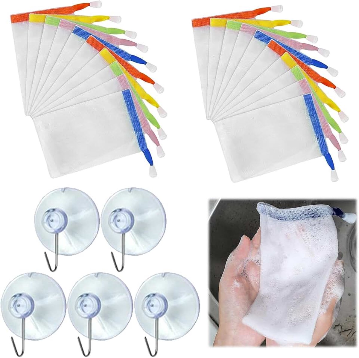 25 stuks zeep zakken en haken, nylon gezichtsreiniging netto schuim net, zeepbel net zak, exfoliërende netto zeep bar zak lichaam reiniging accessoires (kleur willekeurige selectie)