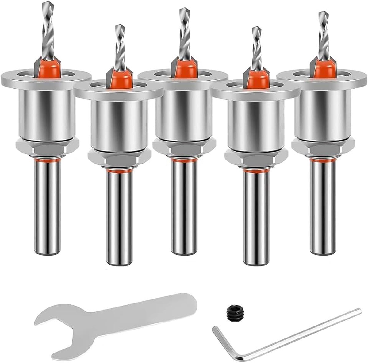 5 stuks verzinkboor houtset, 8 mm boorboor met diepteaanslag, boor met verzinker, kegelverzinkboorset, houtboor met verzinkboor voor houtbewerking, kunststof, boren