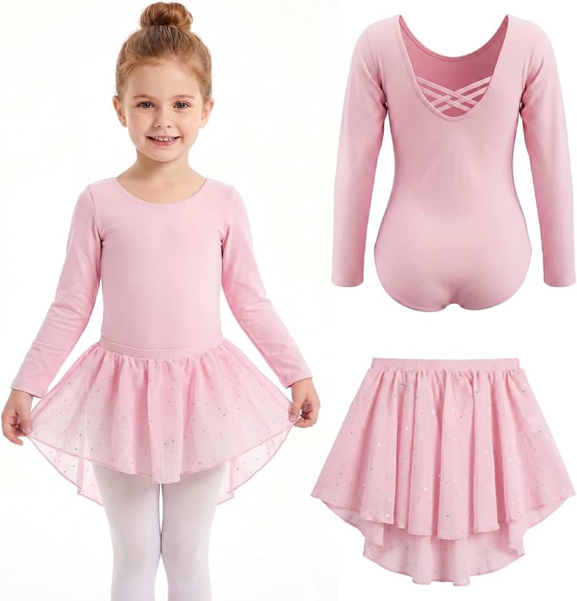 Balletjurk, lange mouwen, balletjurk, latin balletjurk, dansjurk, met korte glinsterende tule rok, voor trainingscursussen, gymnastiek, shows, feest