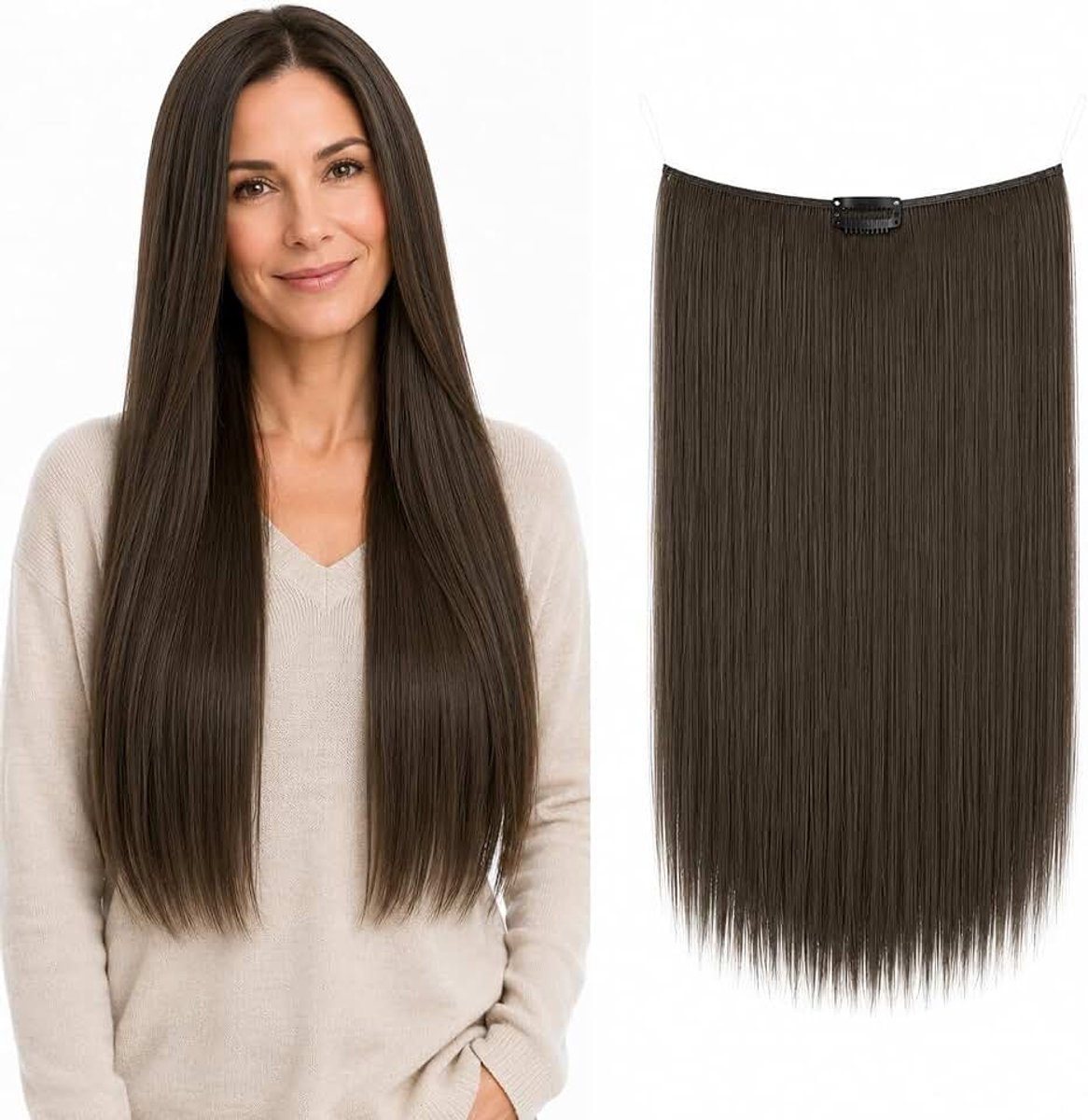 50cm 1 Inslagverlenging Met Elastische Band Haarverlenging Haarstukje Glad Hittebestendig Brunette E111