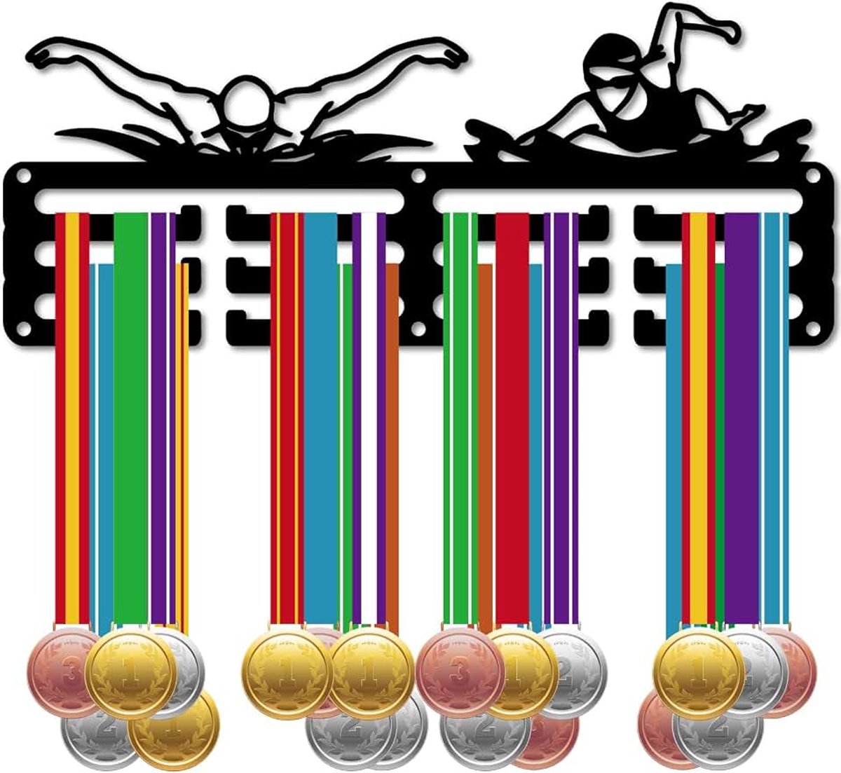 Zwemmen medaillehouder display zwemmer medaillehanger rek metalen hangende onderscheidingen ijzer kleine houder decor onderscheidingen voor medaillewinnaar cadeau zwart 29 x 12 cm