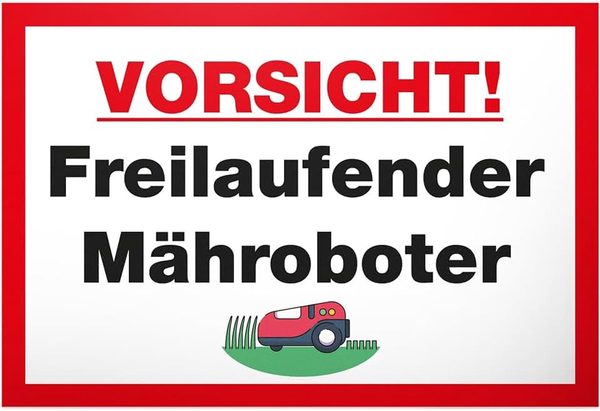 Vrijlopende robotmaaier, bord 30 x 20 cm, grappig waarschuwingsbord voor tuin en gazons, tuinbord, weerbestendig, duurzaam, robotmaaier