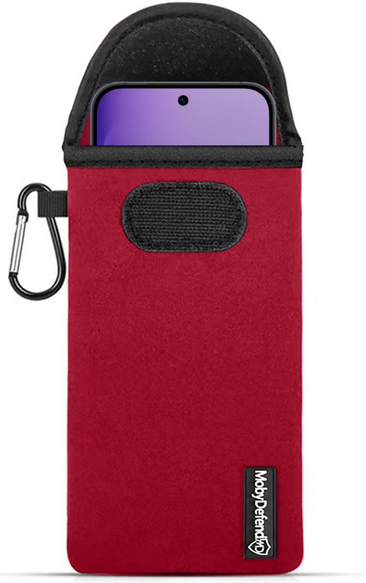 MobyDefend Hoesje - Geschikt voor Oppo Reno16 Pro - Neopreen Pouch Met Karabijnhaak - Insteek - Riemlus - Rood