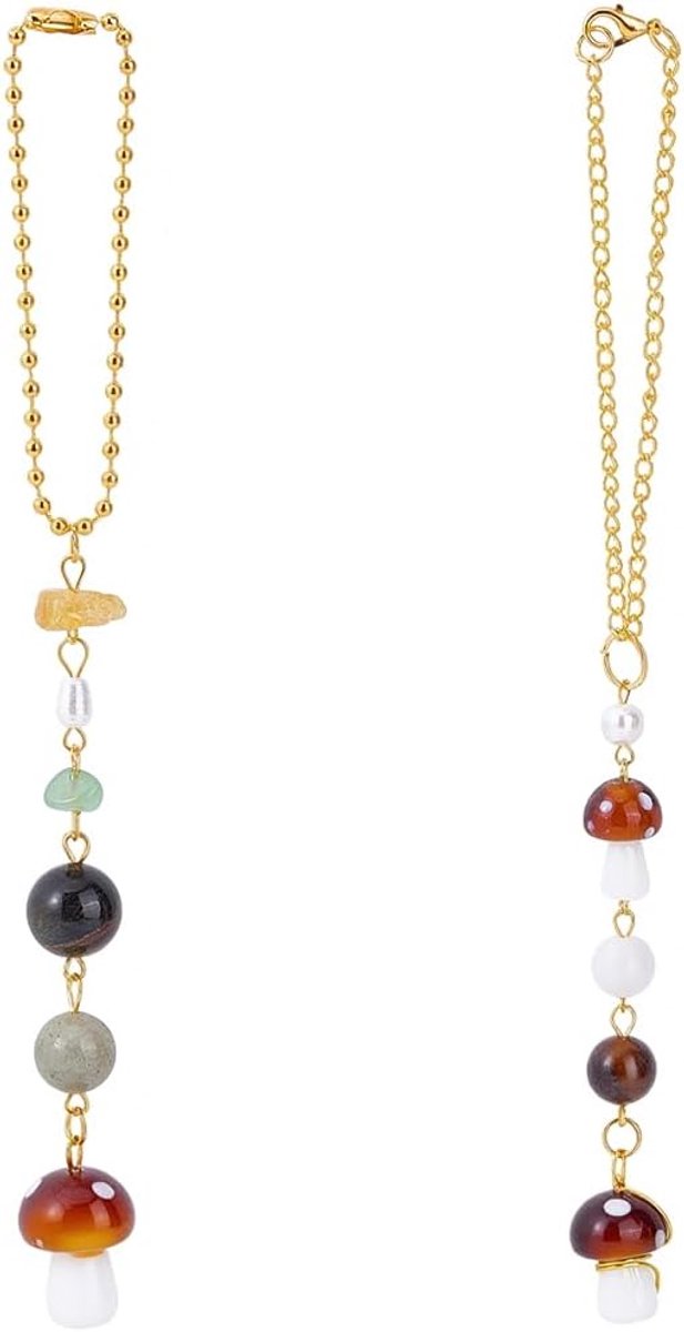 1 Doos 2 Stks 2 Stijlen Paddestoel Auto Ornament Achteruitkijkspiegel Accessoires Hars Boho Kralen Voertuig Achteruitkijkspiegel Charm Swinging Opknoping Decor met Gouden Ijzeren Ketting