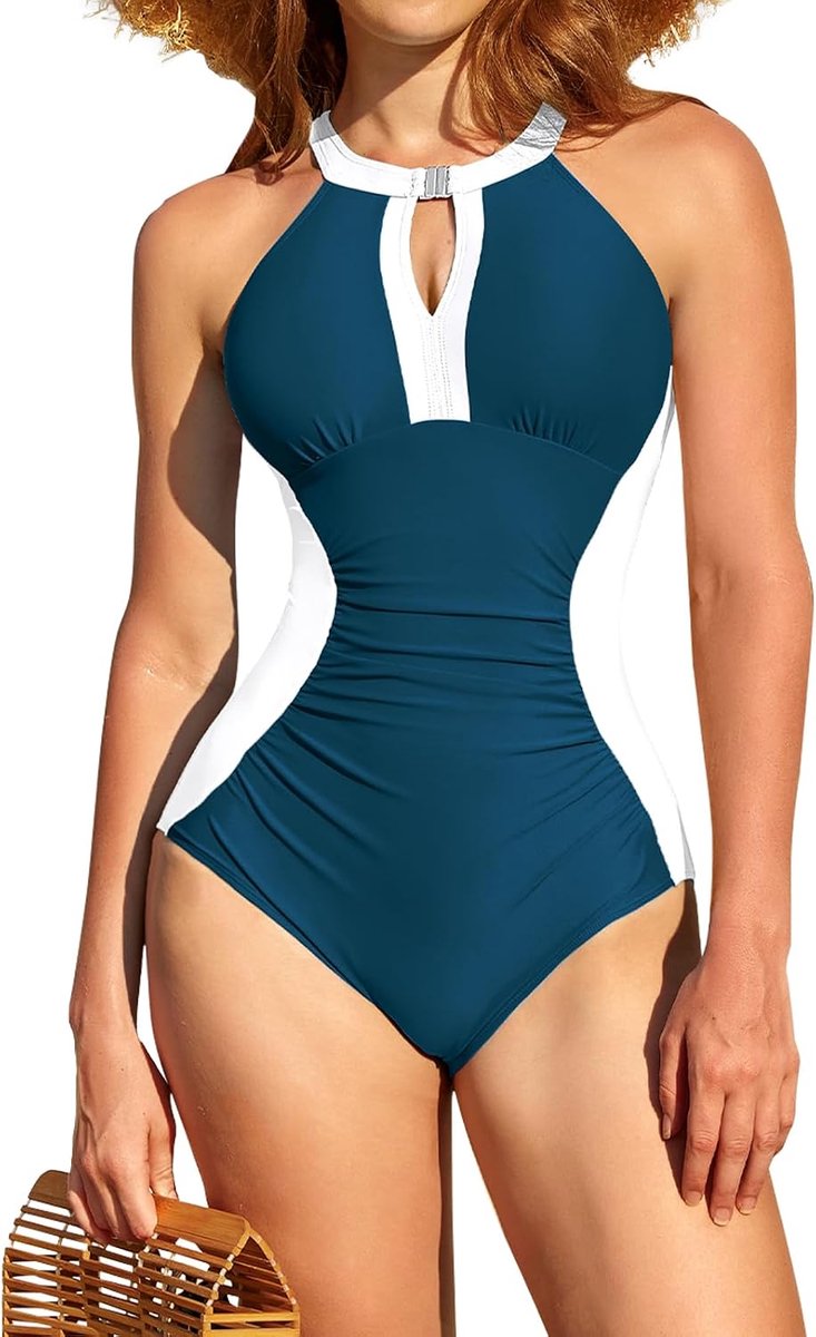 Eendelig badpak voor dames met hoge hals, met cups, kleurblok, plooien, buikweg-shape zwempak, monokini