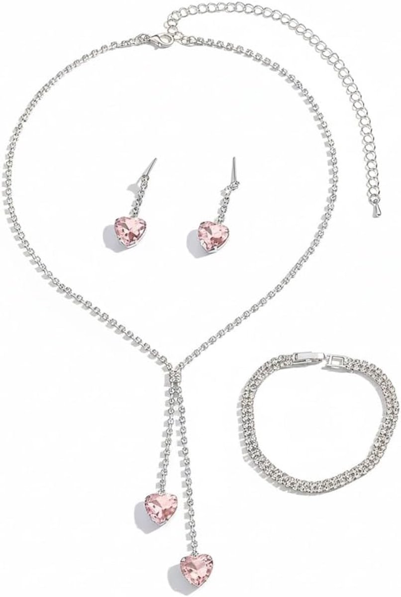 4 Stuks Bruid Sieradenset Hart Hanger Ketting Armband Oorbellen Dames Sieraden Set Kristal Set Trouwsieraden Bruidsaccessoires Feest Sieraden