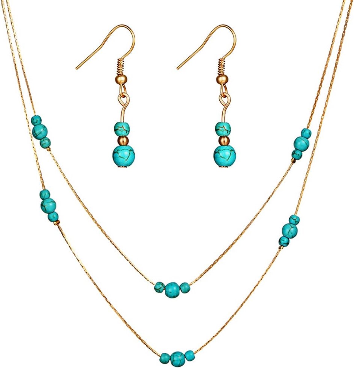 Turquoise Ketting Oorbel Set Retro Ronde Turquoise Hanger Handgemaakte Choker Kettingen Verstelbare Sieraden voor Vrouwen en Meisjes