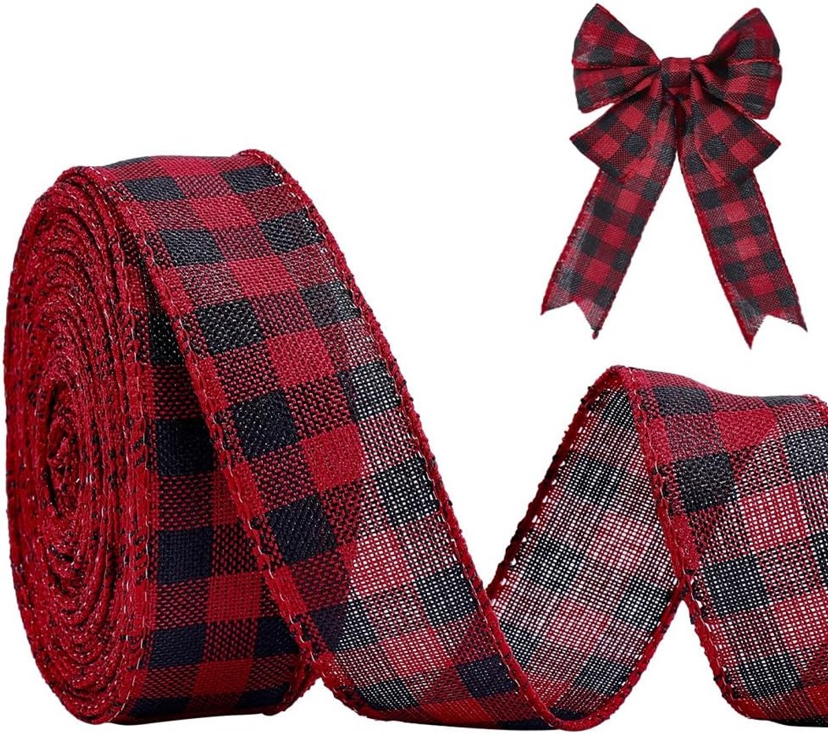 Linten 3.8Cm Bedrade Rand Lint Rood Zwart Gingham Plaid Geruit Lint Tartan Patroon Inpakriem Voor Kerstboom Gift Wrap Krans Boog Maken