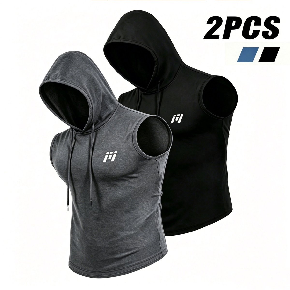 MEETYOO Heren workout tanktops met capuchon (2-pack) mouwloze gym hoodies bodybuilding muscle cut-off T-shirt-Zwart/Grijs-M