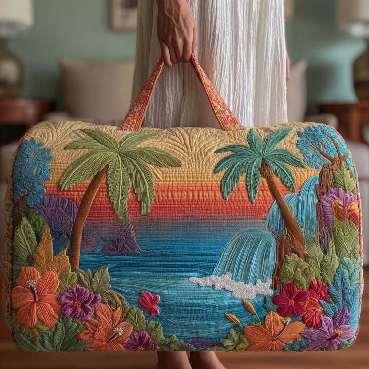 Textielen tas, retro bloemenprint in 3D-stijl, boho-stijl voor reizen en sport, meerkleurig, groot (18 x 9 x 9 inch)，121 modellen